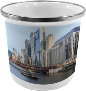 Lunarable USA Steel Camping Mug, Chicago River Lakes and Mississippi Valley Waterways, Printed Thermal Cup for Camping and Outdoor Activities, Ivory Cinnamon Pale Blue