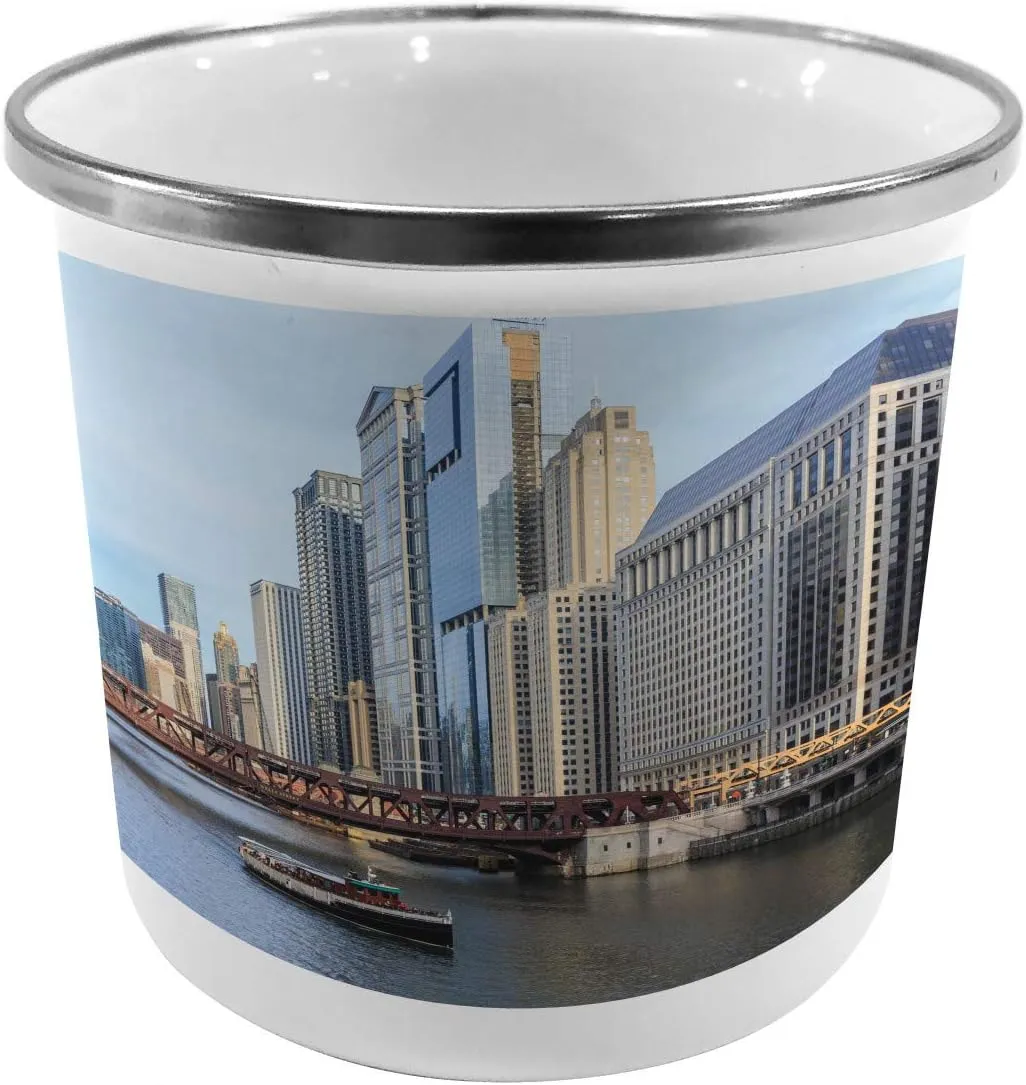 Lunarable USA Steel Camping Mug, Chicago River Lakes and Mississippi Valley Waterways, Printed Thermal Cup for Camping and Outdoor Activities, Ivory Cinnamon Pale Blue