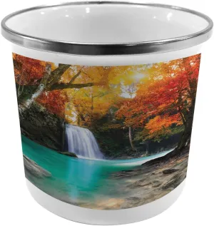 Lunarable Waterfall Metal Camping Cup, Deep Forest and Waterfall Autumn Fall Seasonal Forest Print, Stainless Steel Mug for Indoor and Outdoor Activities, Orange Brown Turquoise