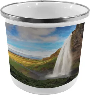 Lunarable Waterfall Steel Camping Mug, Mountain Waterfalls on The Iceland Landmark Picture Summertime Wilderness Print, Printed Thermal Cup for Camping and Outdoor Activities, Multicolor
