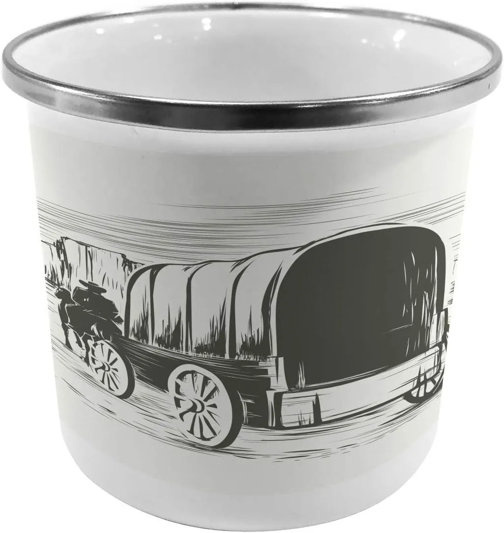 Lunarable Western Steel Camping Mug, Old Traditional Wagon Wild West Prairies Pioneer on Horse Transportation Cart, Printed Thermal Cup for Camping and Outdoor Activities, Dark Green Beige