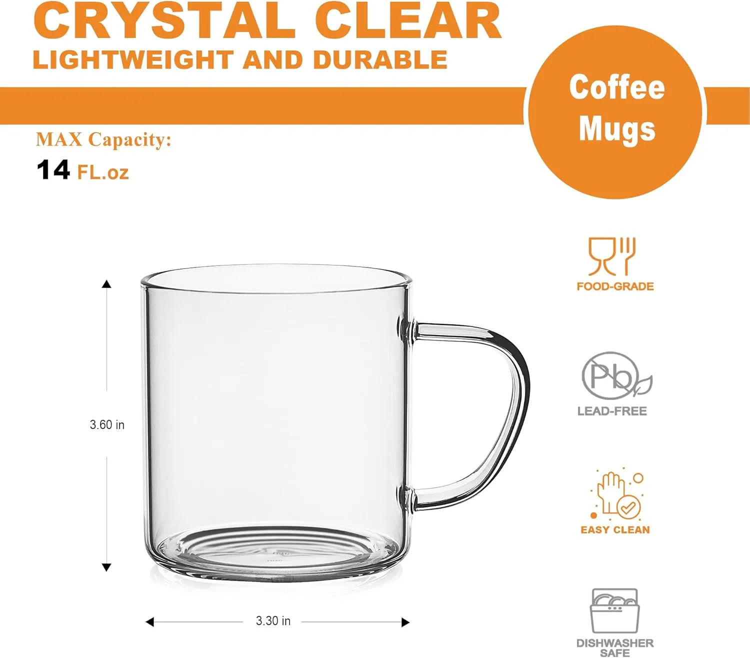 LUXU Glass Coffee Mugs Set of 4,14 oz Clear Coffee Cups,Hand Blown&Seamless Design,Heat Resistant and Explosion-Proof,Lightweight Tea Mugs with Anti Scald Handle Ideal for Home,Cafe