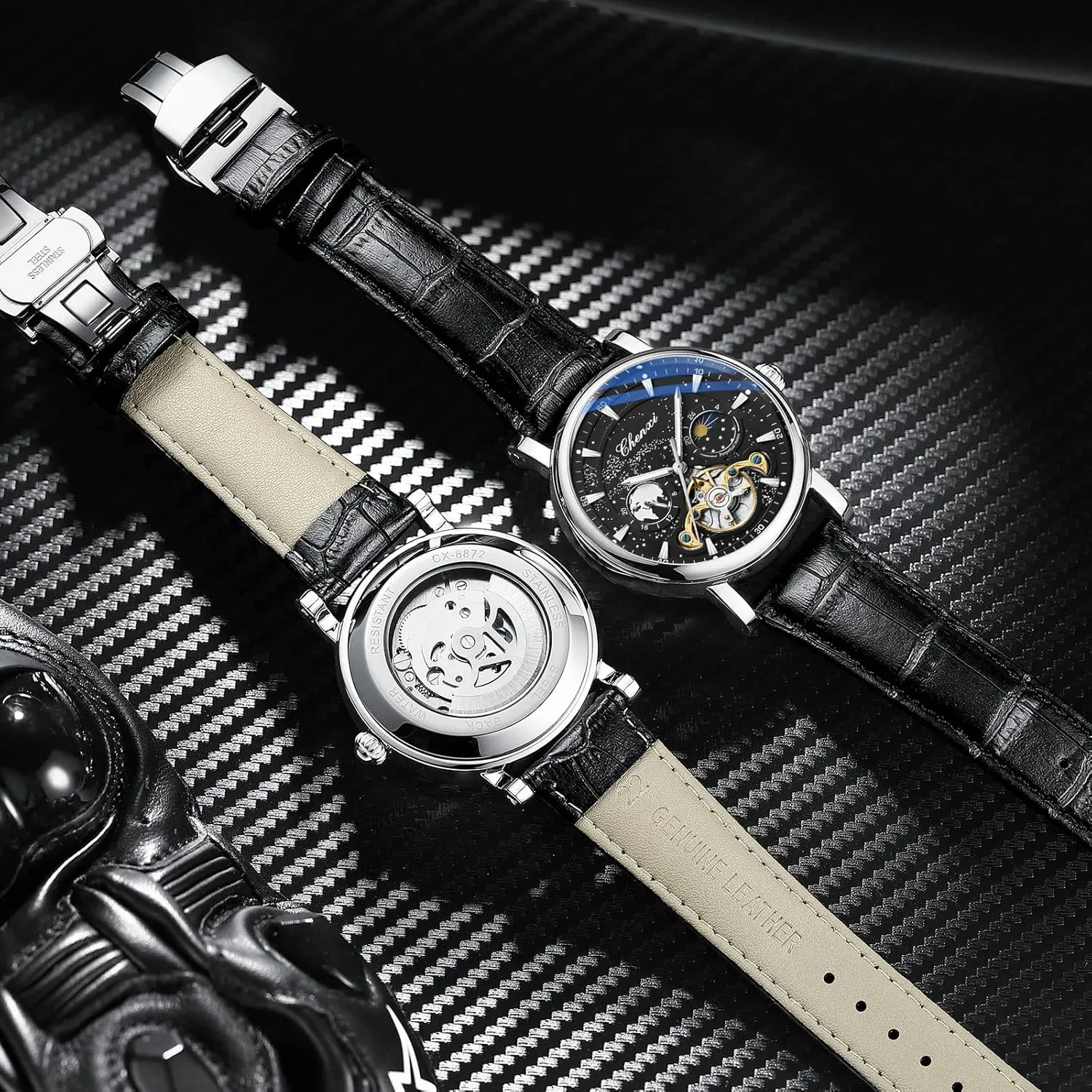 Luxury Mens Automatic Watch Luminous Starry Sky Dial Tourbillon Silver Stainless Steel Case Leather Strap 12/24 Hours Waterproof Moon Phase Watches