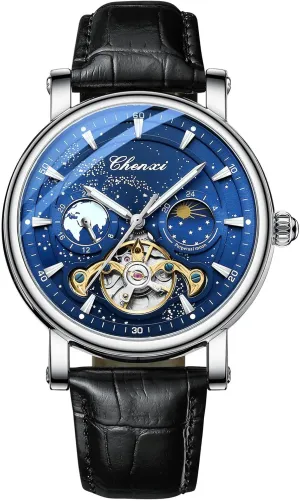 Luxury Mens Automatic Watch Luminous Starry Sky Dial Tourbillon Silver Stainless Steel Case Leather Strap 12/24 Hours Waterproof Moon Phase Watches