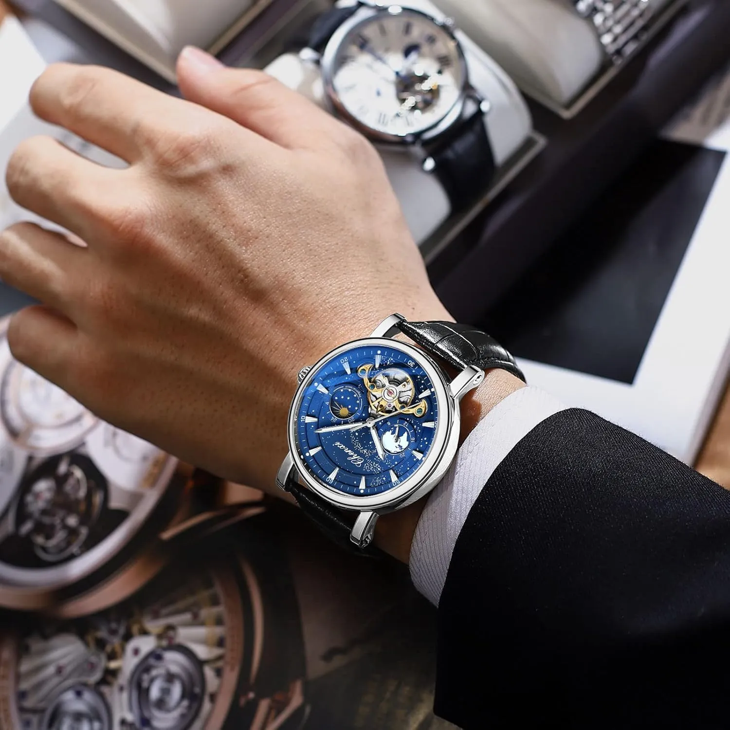 Luxury Mens Automatic Watch Luminous Starry Sky Dial Tourbillon Silver Stainless Steel Case Leather Strap 12/24 Hours Waterproof Moon Phase Watches