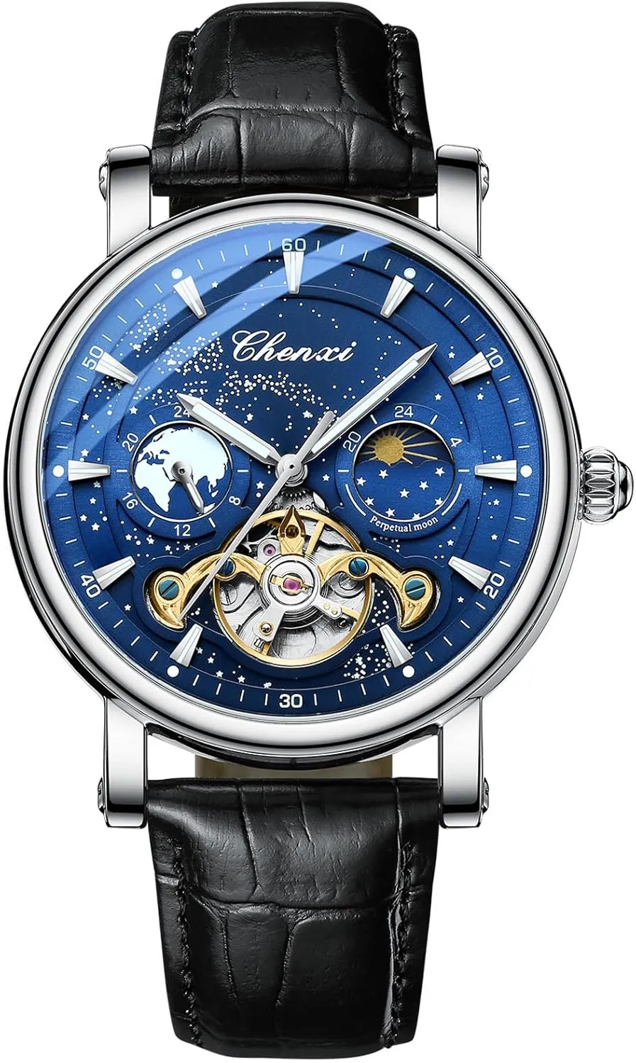 Luxury Mens Automatic Watch Luminous Starry Sky Dial Tourbillon Silver Stainless Steel Case Leather Strap 12/24 Hours Waterproof Moon Phase Watches