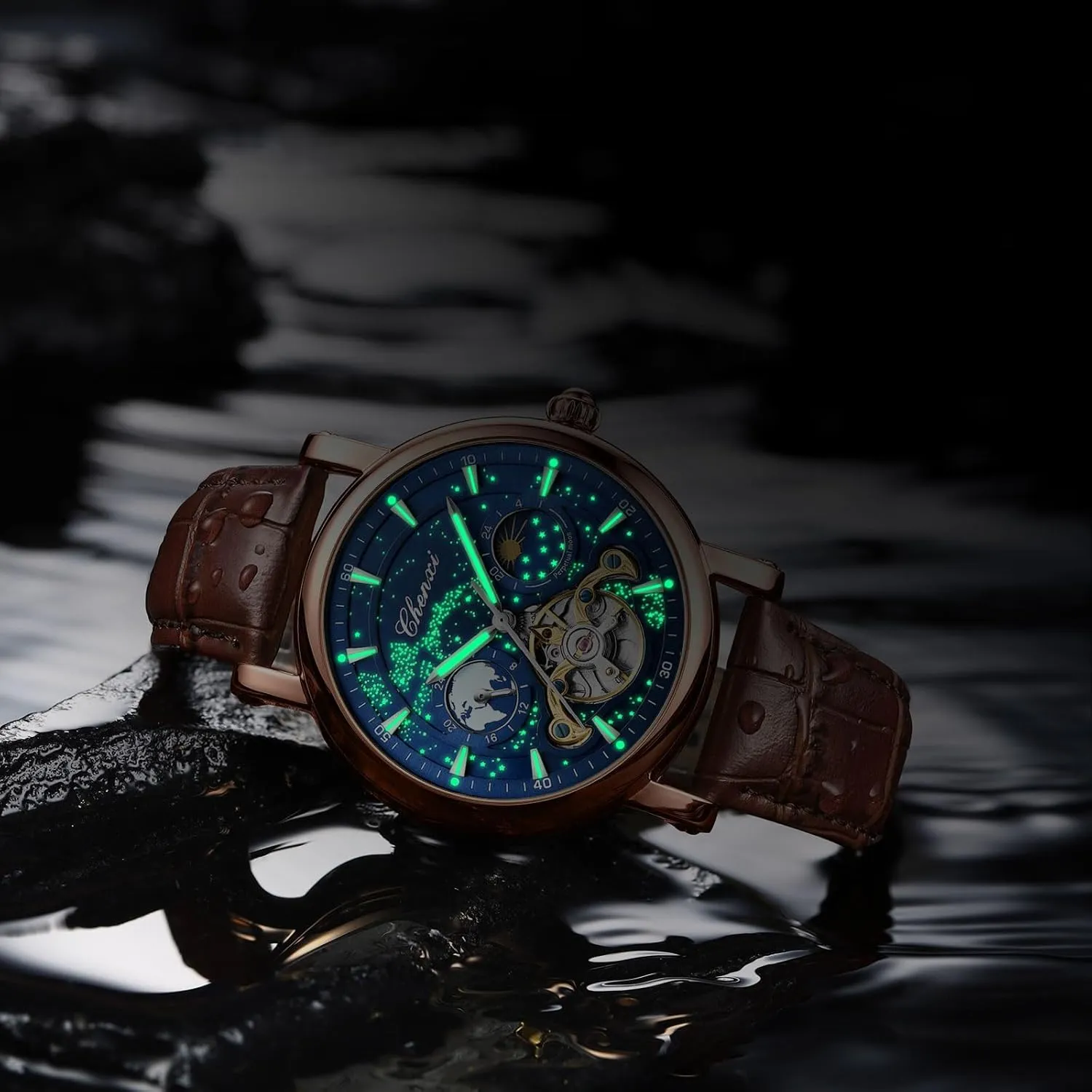 Luxury Mens Automatic Watch Luminous Starry Sky Dial Tourbillon Silver Stainless Steel Case Leather Strap 12/24 Hours Waterproof Moon Phase Watches