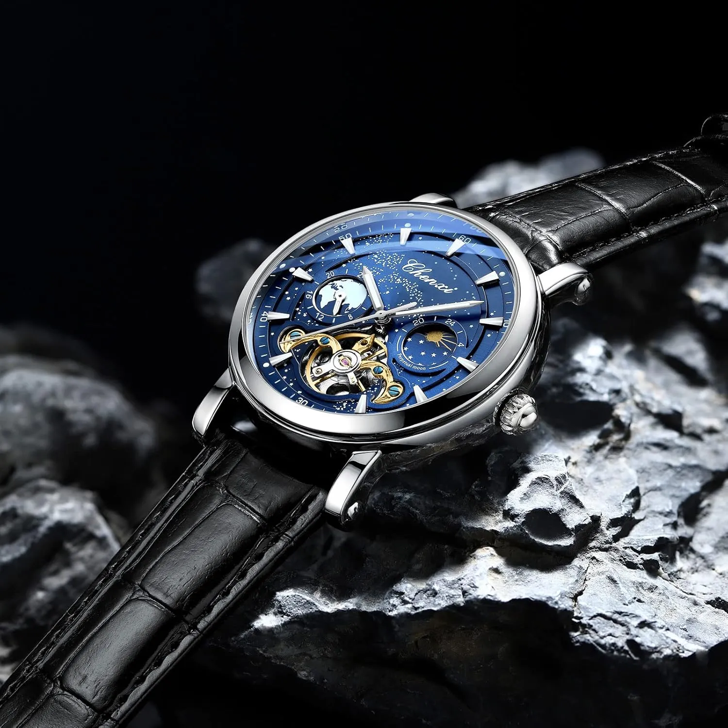 Luxury Mens Automatic Watch Luminous Starry Sky Dial Tourbillon Silver Stainless Steel Case Leather Strap 12/24 Hours Waterproof Moon Phase Watches