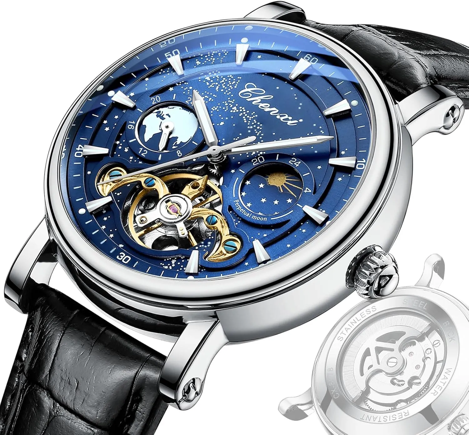 Luxury Mens Automatic Watch Luminous Starry Sky Dial Tourbillon Silver Stainless Steel Case Leather Strap 12/24 Hours Waterproof Moon Phase Watches