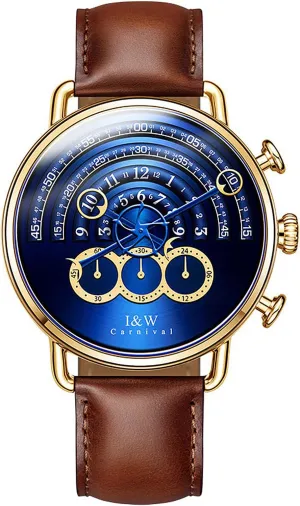 Luxury Men's Big Dial Chronograph Sapphire Glass Waterproof Quartz Black Leather Gold Watches