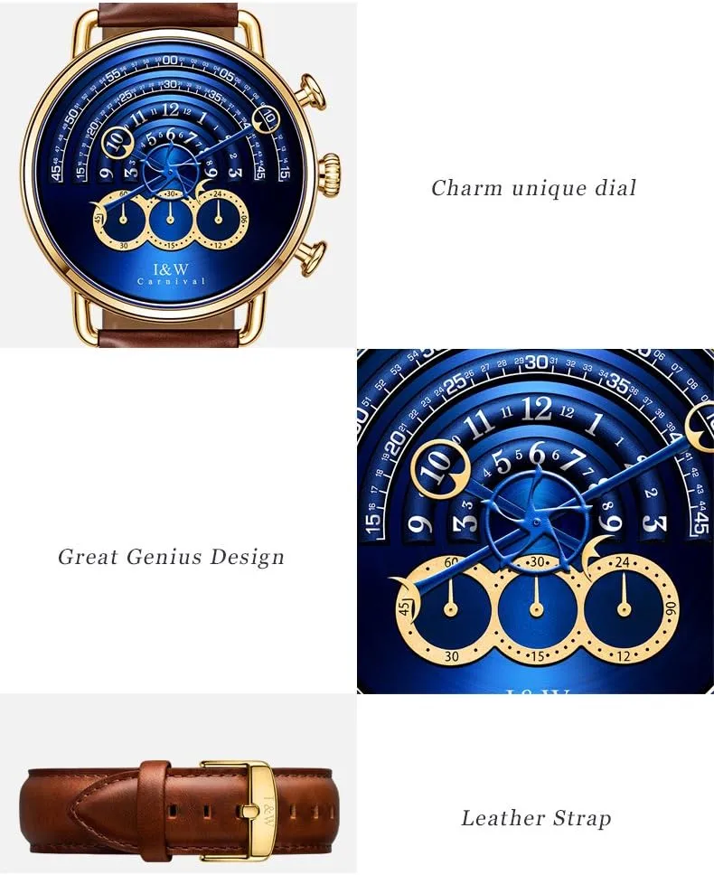 Luxury Men's Big Dial Chronograph Sapphire Glass Waterproof Quartz Black Leather Gold Watches