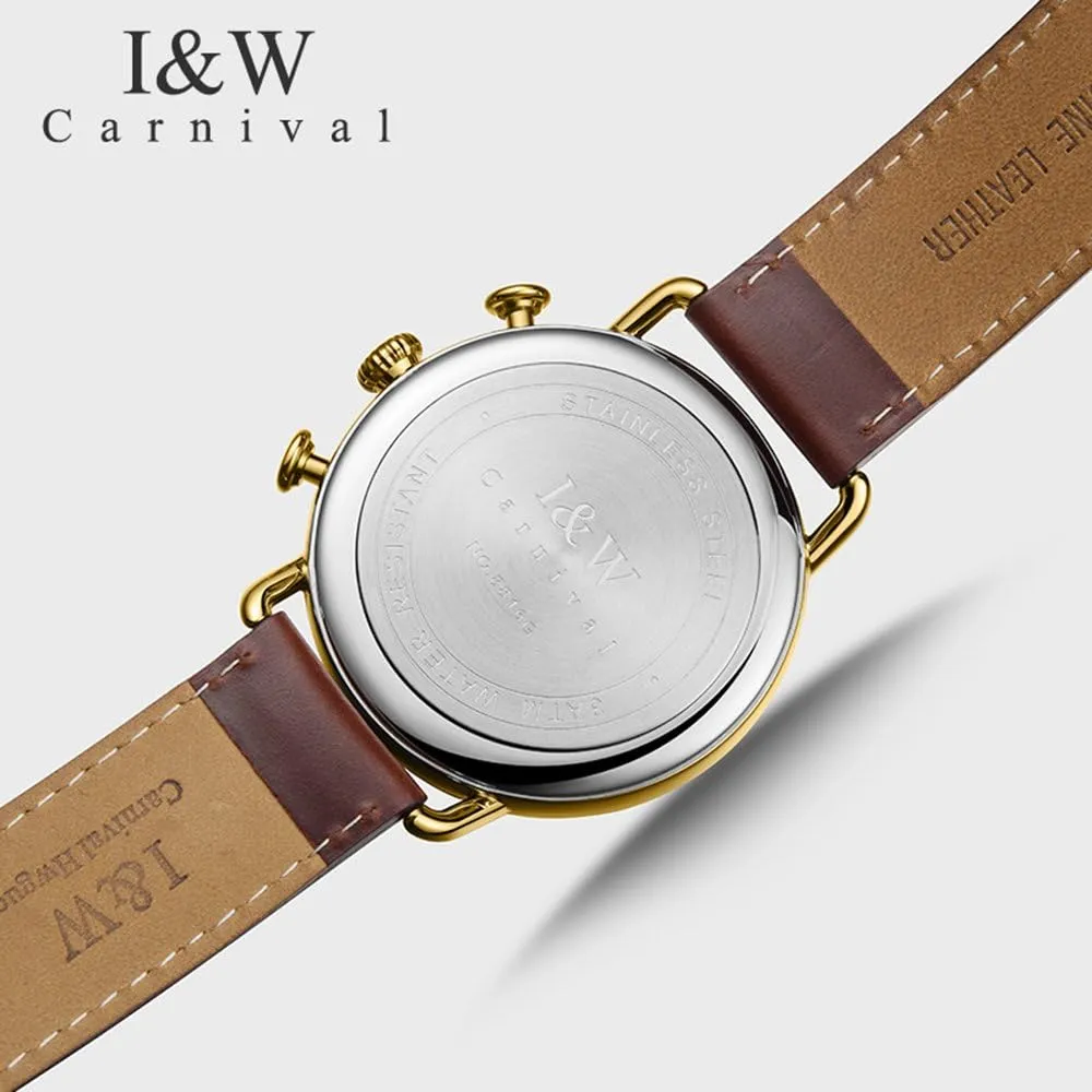Luxury Men's Big Dial Chronograph Sapphire Glass Waterproof Quartz Black Leather Gold Watches