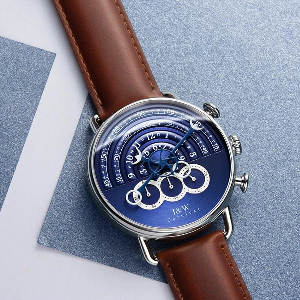 Luxury Men's Big Dial Chronograph Sapphire Glass Waterproof Quartz Black Leather Gold Watches