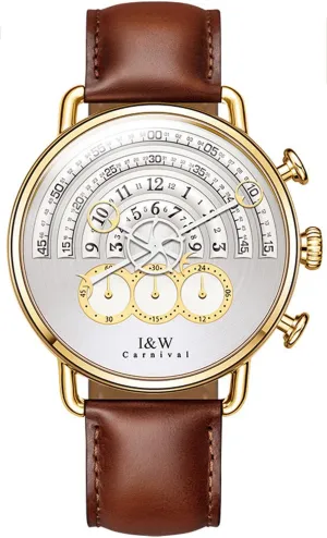 Luxury Men's Big Dial Chronograph Sapphire Glass Waterproof Quartz Black Leather Gold Watches