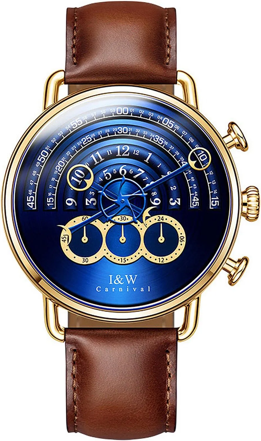 Luxury Men's Big Dial Chronograph Sapphire Glass Waterproof Quartz Black Leather Gold Watches