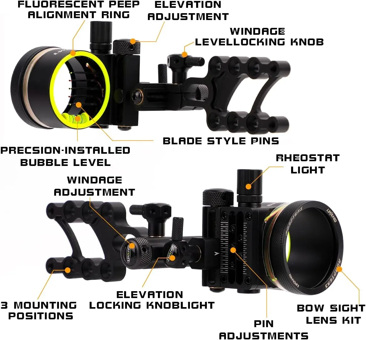 LWANO M2 Cpmpound Bow Sight - 5 Pin Archery Sight Short/Long Bar, Tool Less Windage & Elevation Adjustability, with 2X Magnification Sight Lens Kit