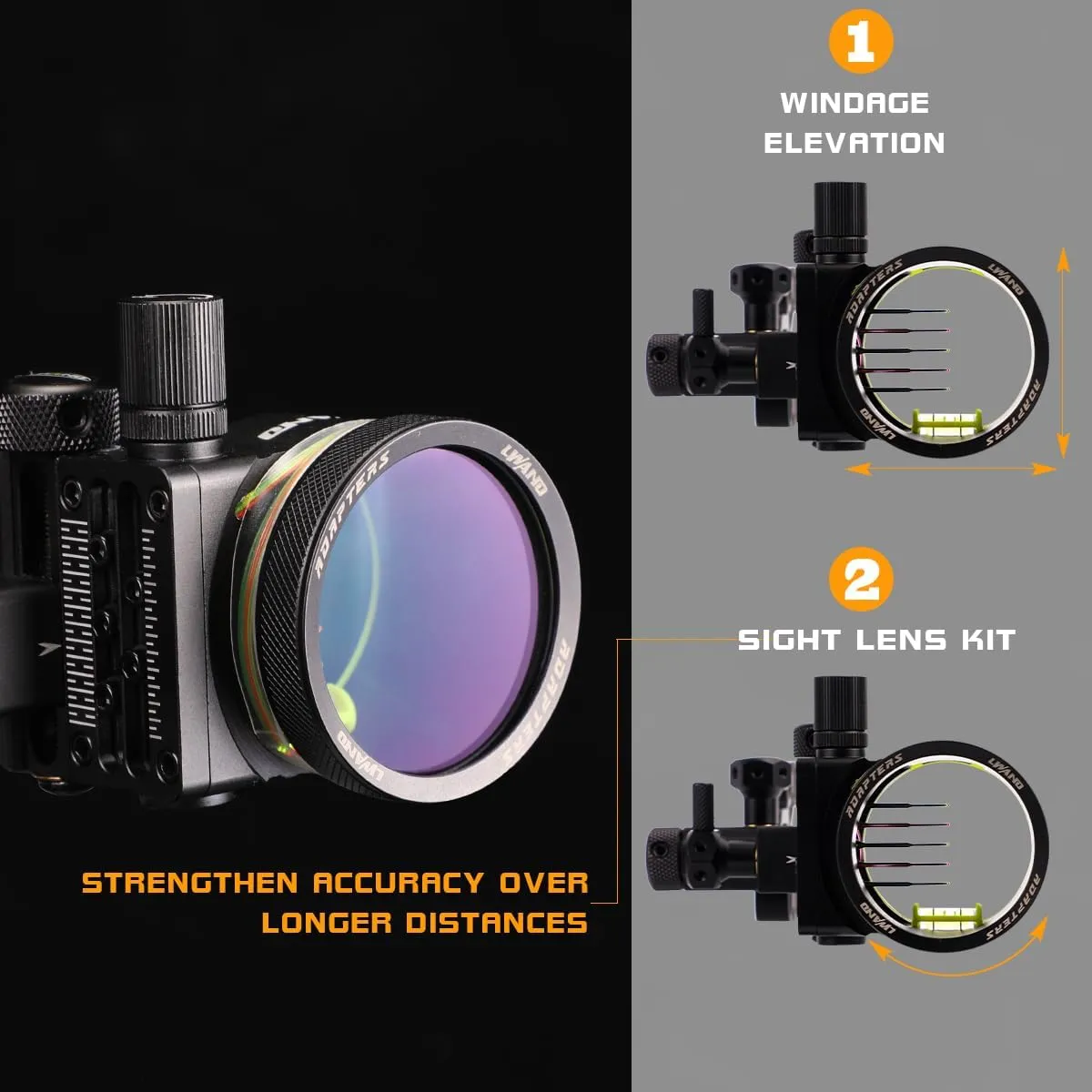 LWANO M2 Cpmpound Bow Sight - 5 Pin Archery Sight Short/Long Bar, Tool Less Windage & Elevation Adjustability, with 2X Magnification Sight Lens Kit