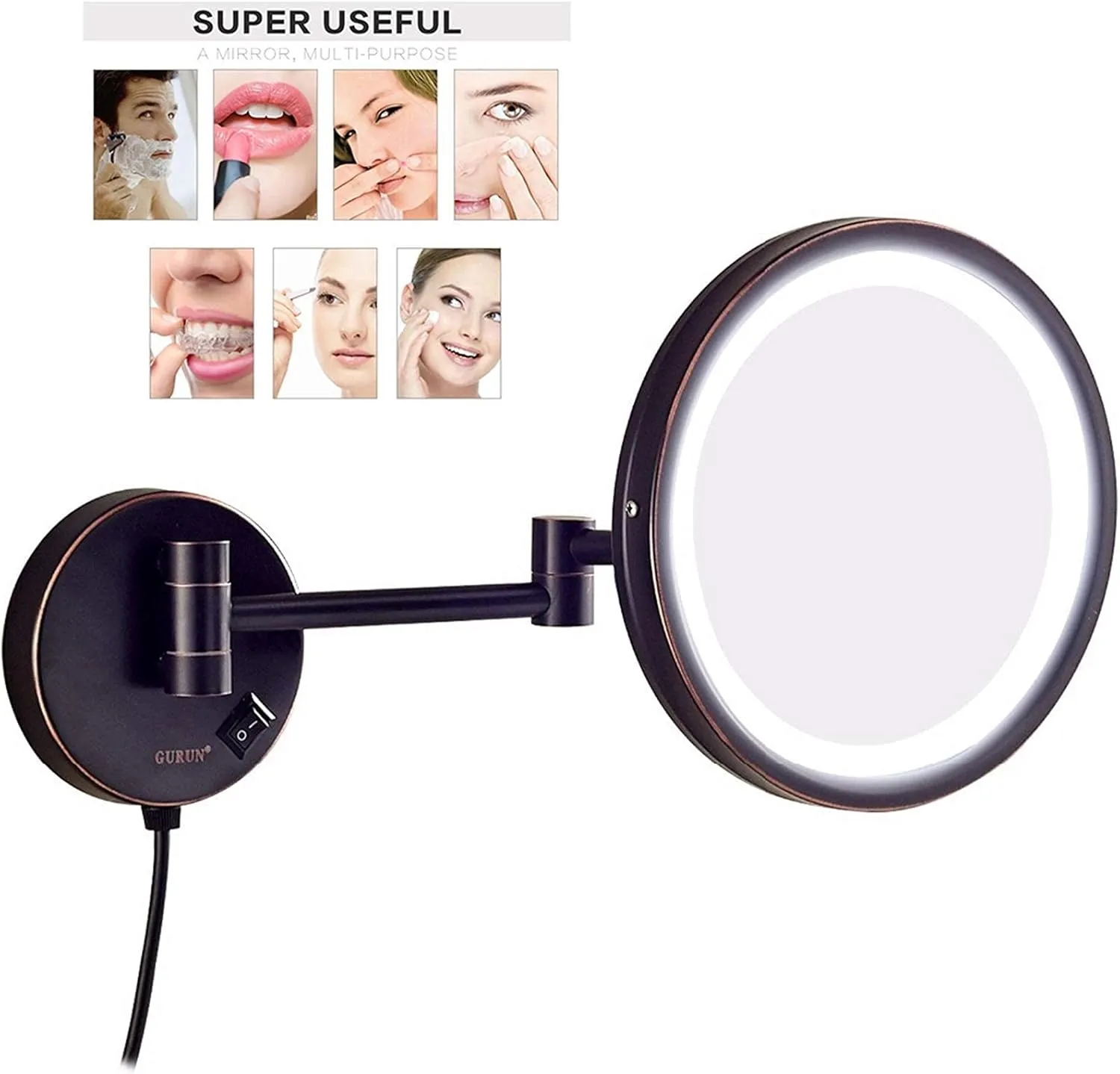 Makeup Mirror 3X/5X/7X/10X Magnification Mirror Bathroom Extendable Wall-Mounted Vanity Shaving Mirror with Switch Plug(Black,7X)