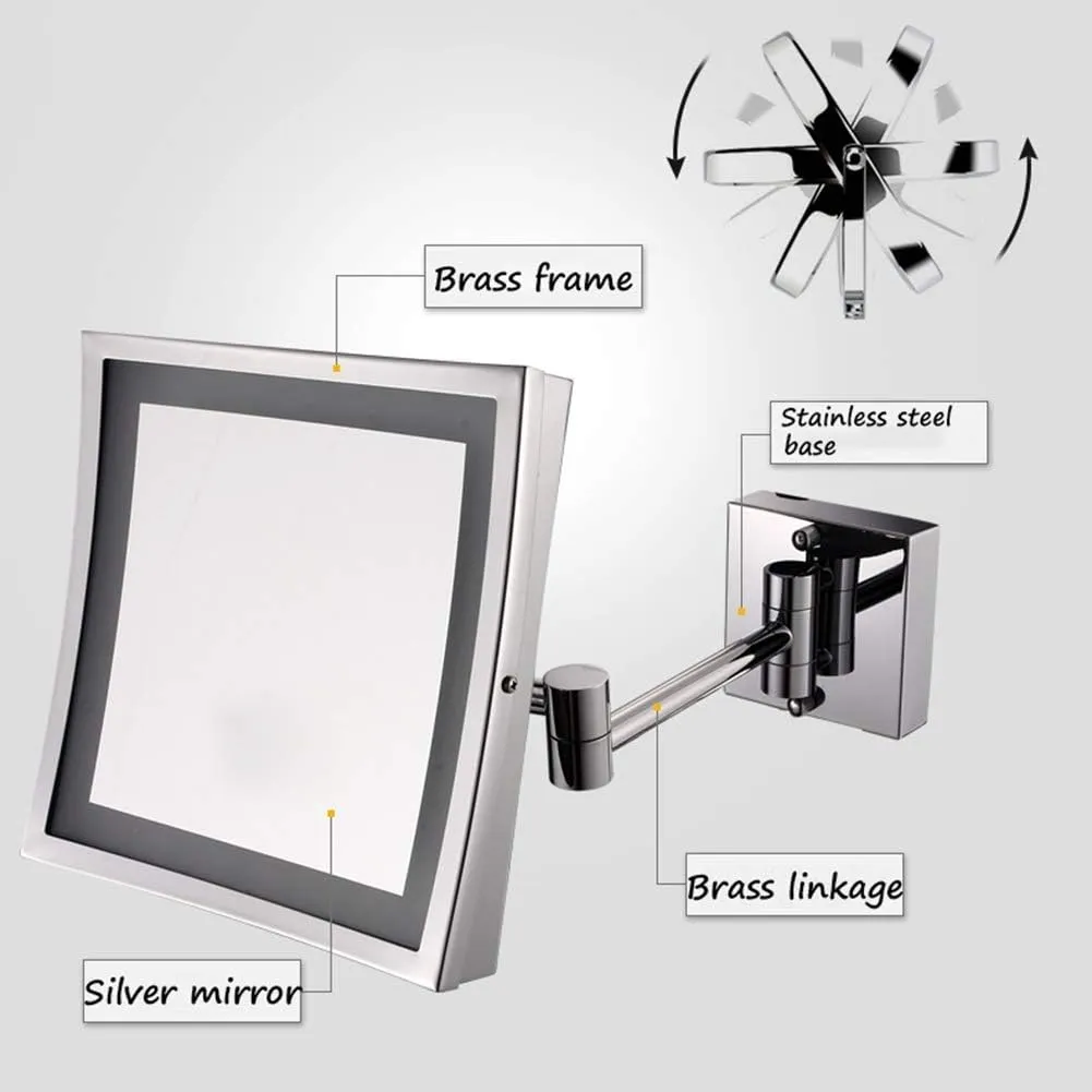 Makeup Mirror Bathroom 3X Magnifying Stainless Steel Black Orb Foldable Teles360 Degree Rotation Square Hd Mirror(White Light)/Warm Light/8.5Inch