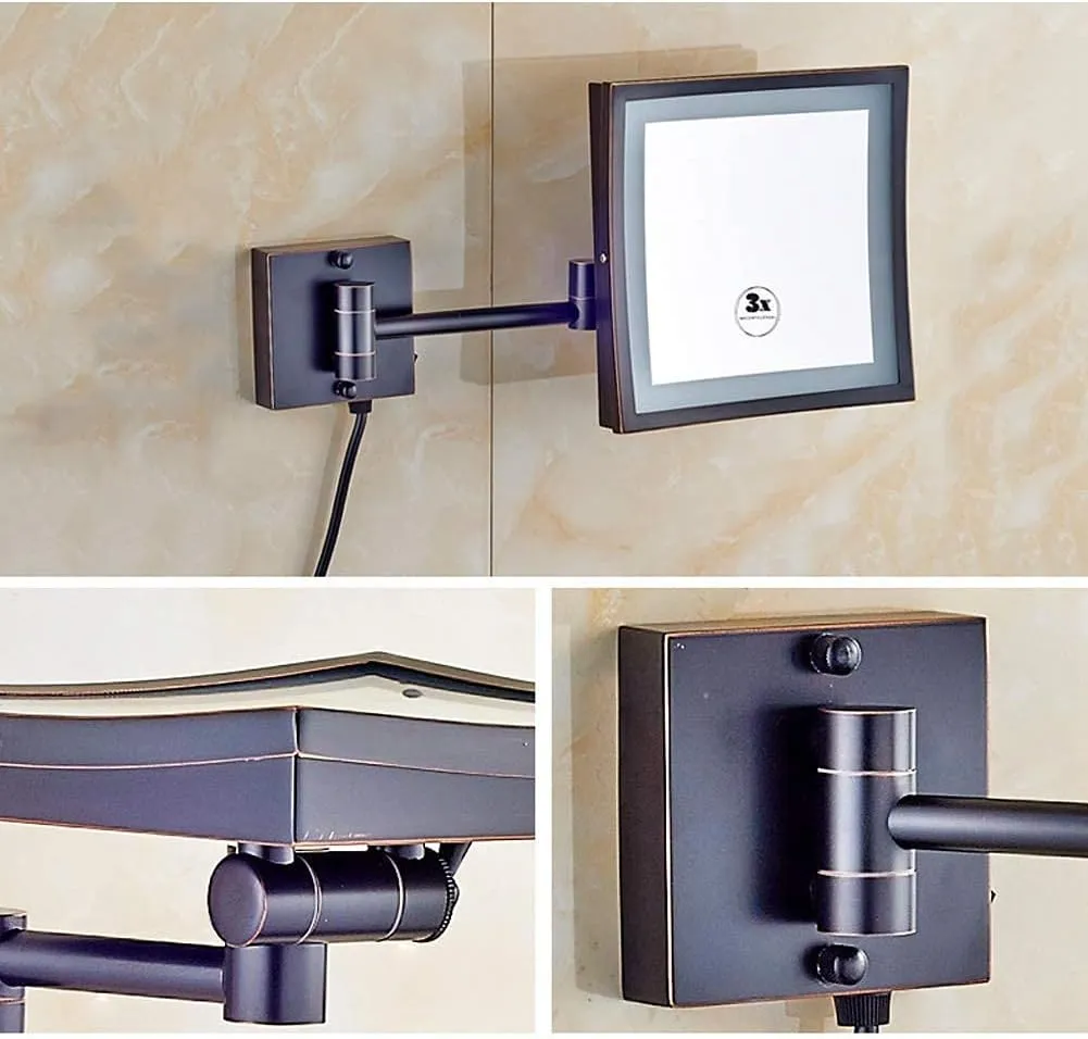 Makeup Mirror Bathroom 3X Magnifying Stainless Steel Black Orb Foldable Teles360 Degree Rotation Square Hd Mirror(White Light)/Warm Light/8.5Inch