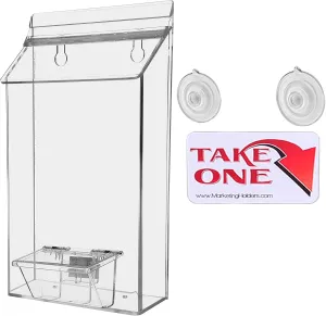 Marketing Holders Suction Cup Outdoor Brochure Holder Holds 6 x 10 Inch Pamphlets and 3.5" x 2" Business Cards Window or Glass Wall Includes Take One Sticker Clear Acrylic Advertisement Box