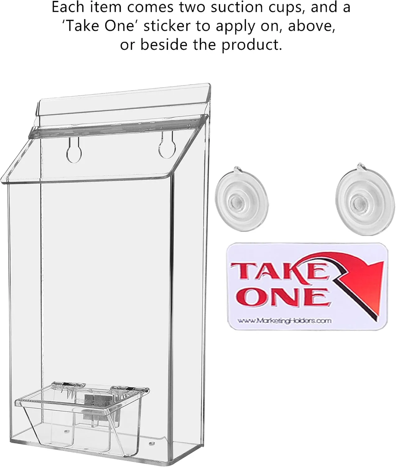 Marketing Holders Suction Cup Outdoor Brochure Holder Holds 6 x 10 Inch Pamphlets and 3.5" x 2" Business Cards Window or Glass Wall Includes Take One Sticker Clear Acrylic Advertisement Box