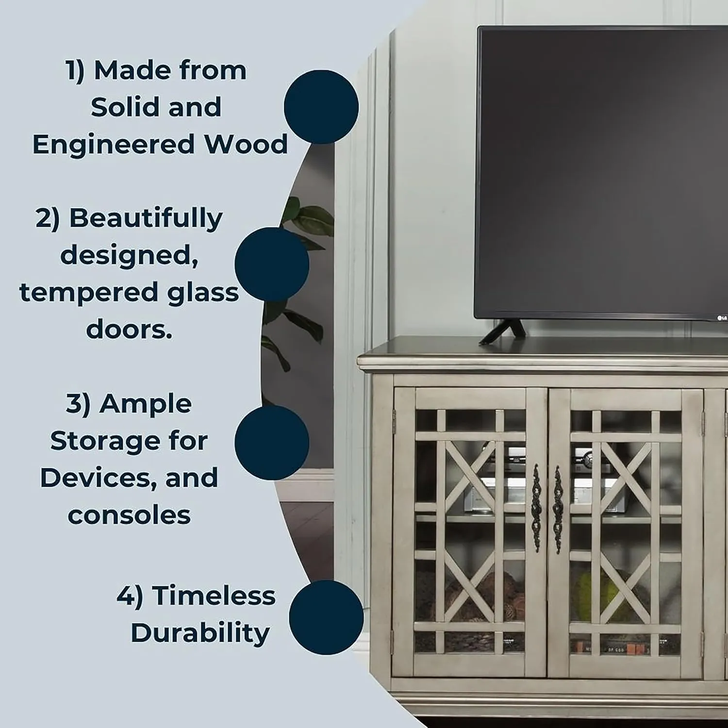 Martin Svensson Home Marche 63" TV Stand - Antique Silver - Versatile Multi-Use Design - with Two Large Cabinets for Storage