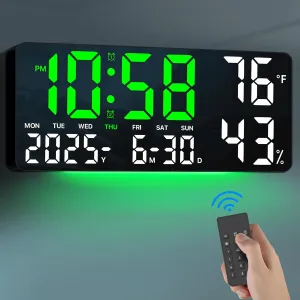 MASHI 13.8" Large Digital Wall Clock with Remote Control, Dual Alarm with Big LED Screen Dispaly, Night Light,Humidity,Date,Week,Temp for Living Room, Bedroom, Decor, Gift for Elderly(Green Light)