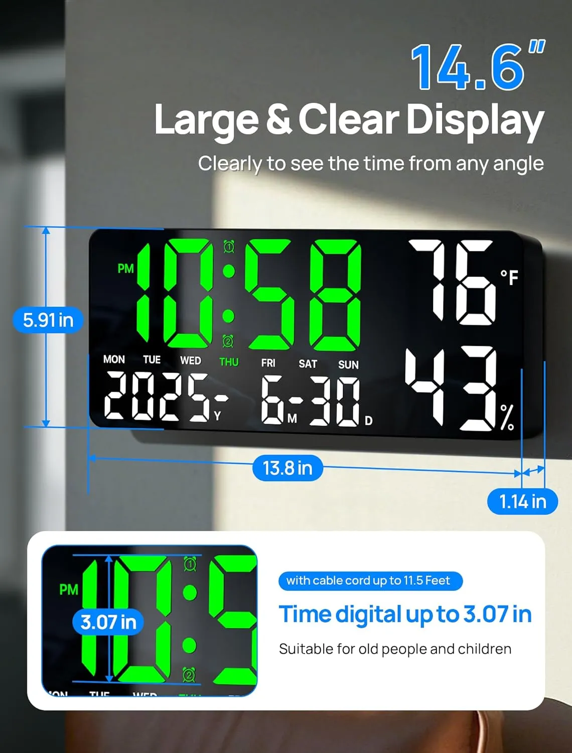 MASHI 13.8" Large Digital Wall Clock with Remote Control, Dual Alarm with Big LED Screen Dispaly, Night Light,Humidity,Date,Week,Temp for Living Room, Bedroom, Decor, Gift for Elderly(Green Light)