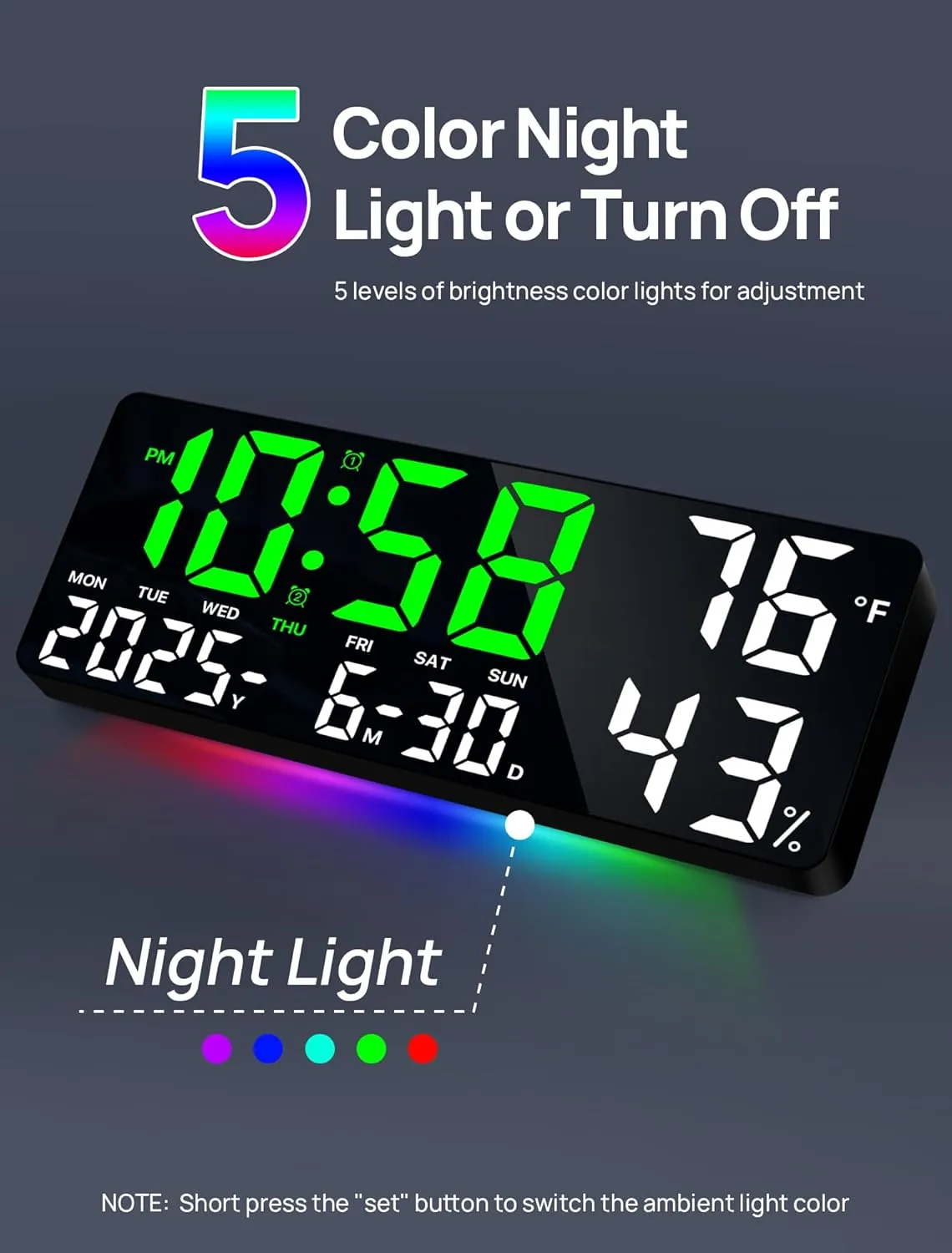 MASHI 13.8" Large Digital Wall Clock with Remote Control, Dual Alarm with Big LED Screen Dispaly, Night Light,Humidity,Date,Week,Temp for Living Room, Bedroom, Decor, Gift for Elderly(Green Light)