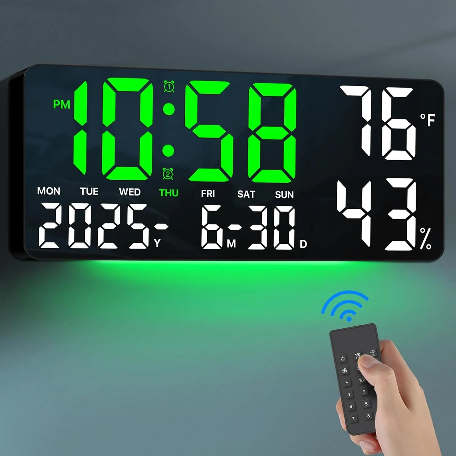 MASHI 13.8" Large Digital Wall Clock with Remote Control, Dual Alarm with Big LED Screen Dispaly, Night Light,Humidity,Date,Week,Temp for Living Room, Bedroom, Decor, Gift for Elderly(Green Light)
