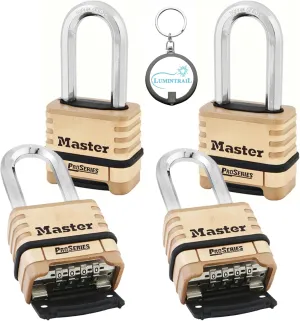 Master Lock 1175DLH 2-1/4in (57mm) Wide ProSeries Brass Resettable Combination Padlock, 4 Pack Bundle W/Key Chain Light
