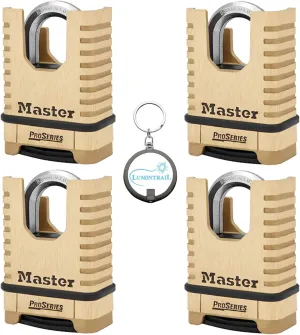 Master Lock 1177D 2-1/4in (57mm) Wide ProSeries Shrouded Brass Resettable Combination Padlock, 4 Pack Bundle w/Keychain Light