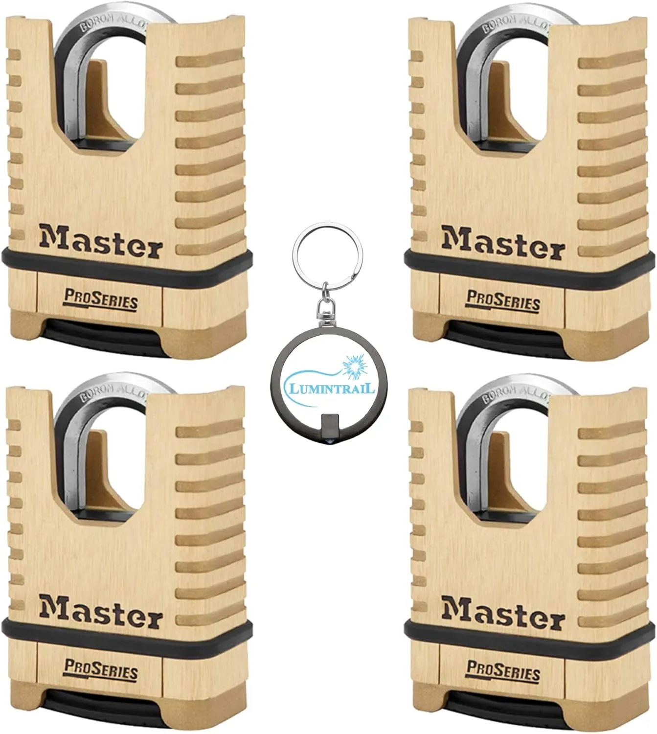 Master Lock 1177D 2-1/4in (57mm) Wide ProSeries Shrouded Brass Resettable Combination Padlock, 4 Pack Bundle w/Keychain Light