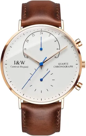 MASTOP Ultra Thin Stainless Steel Gold Watches Mens Waterproof Luminous Quartz Watch Brown Leather Strap