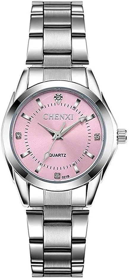 MASTOP Women’s Watches Simple Crystal Dial Analog Japanese Quartz Watch Silver Stainless Steel Waterproof Watch (Pink)