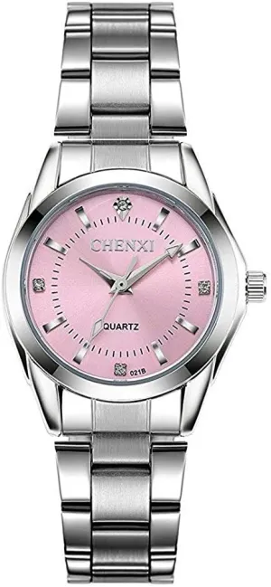 MASTOP Women’s Watches Simple Crystal Dial Analog Japanese Quartz Watch Silver Stainless Steel Waterproof Watch (Pink)