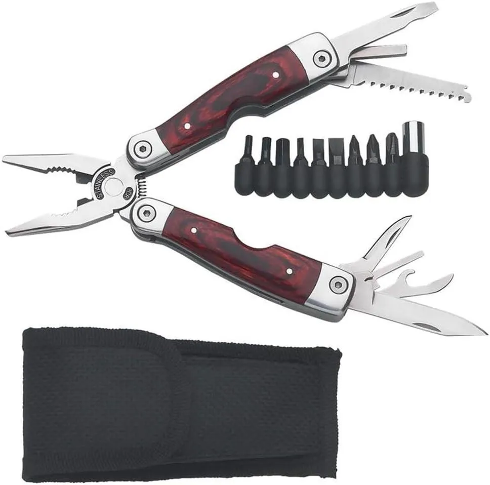 Maxam 11-in-1 Multi-Tool with 9 Interchangeable Bits, Wood and Stainless Steel Handles with Nylon Sheath
