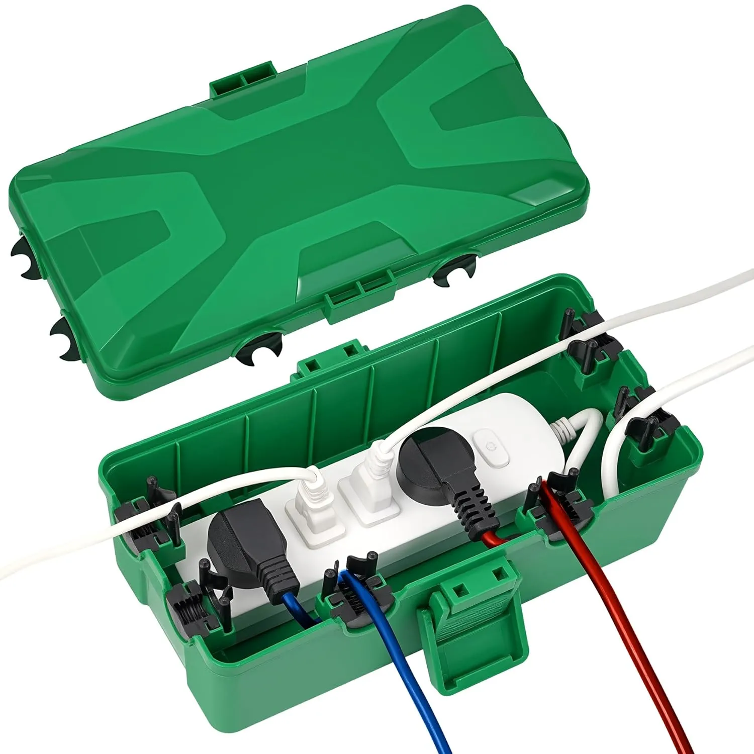 Medium Outdoor Electrical Box(10.4x6x4.2inch), IP54 Waterproof, Weatherproof Connection Box w/6 Cable Entry Ports, Extension Cord Cover Protect Power Strip, String Lights, Timer, Plug, Green