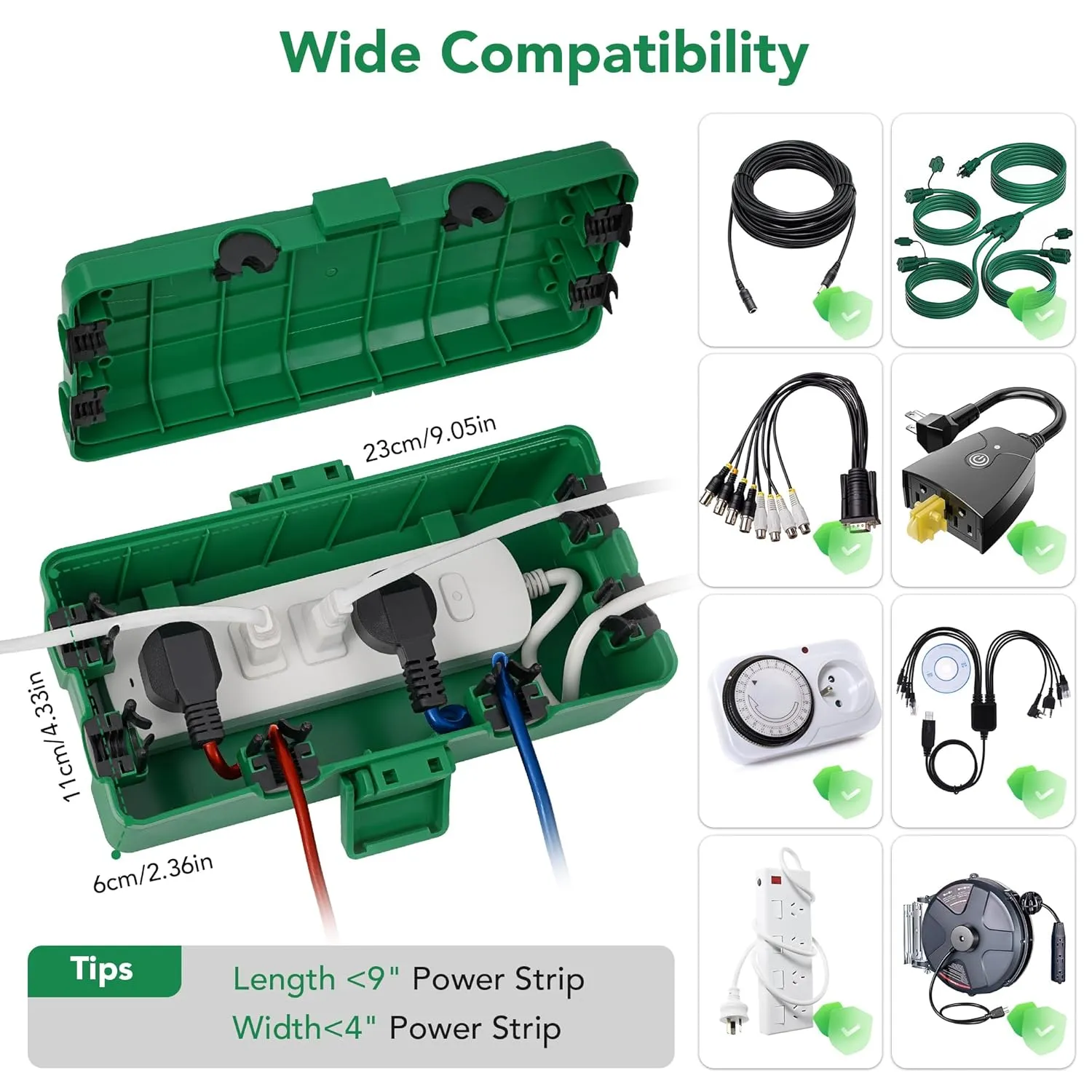 Medium Outdoor Electrical Box(10.4x6x4.2inch), IP54 Waterproof, Weatherproof Connection Box w/6 Cable Entry Ports, Extension Cord Cover Protect Power Strip, String Lights, Timer, Plug, Green