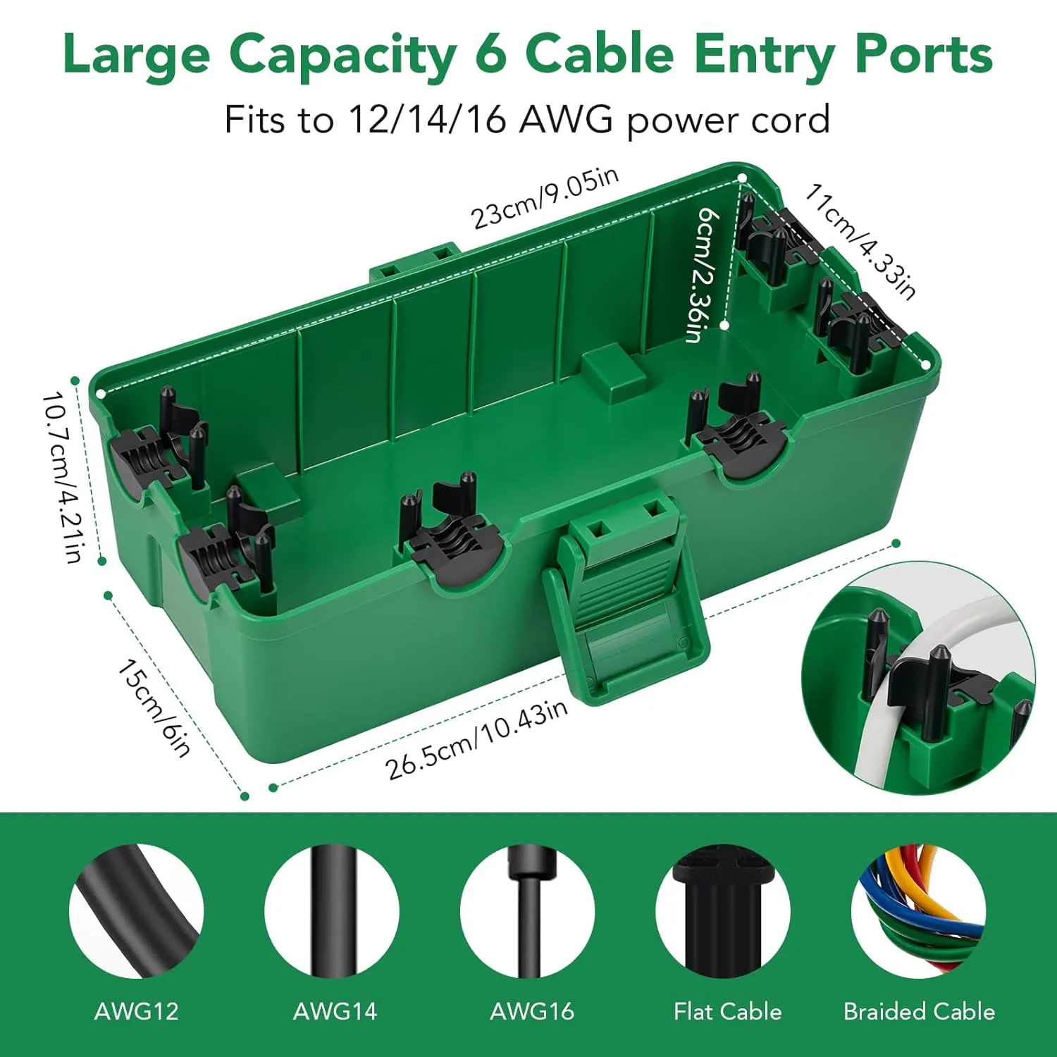 Medium Outdoor Electrical Box(10.4x6x4.2inch), IP54 Waterproof, Weatherproof Connection Box w/6 Cable Entry Ports, Extension Cord Cover Protect Power Strip, String Lights, Timer, Plug, Green