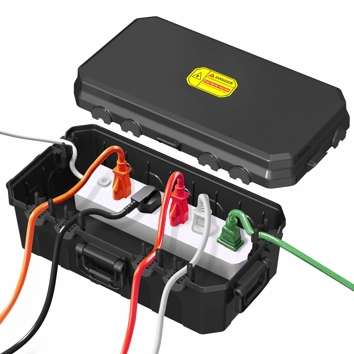 Medium Outdoor Electrical Box(10.6x5.5x4.5inch),Weatherproof Connection Box w/6 Cable Entry,IP54 Waterproof Extension Cord Cover Protect Power Strip,Timer,Plug,Holiday Lights,Black
