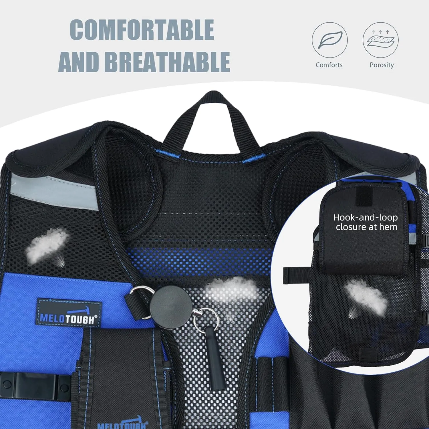 MELOTOUGH Tool Vest for Men Reflective Safety Tool Vest with Adjustable Straps, Removable Phone Holder for Electrical, Carpenters, Construction, Handyman (Blue)