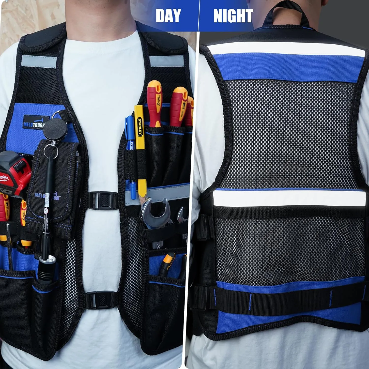 MELOTOUGH Tool Vest for Men Reflective Safety Tool Vest with Adjustable Straps, Removable Phone Holder for Electrical, Carpenters, Construction, Handyman (Blue)