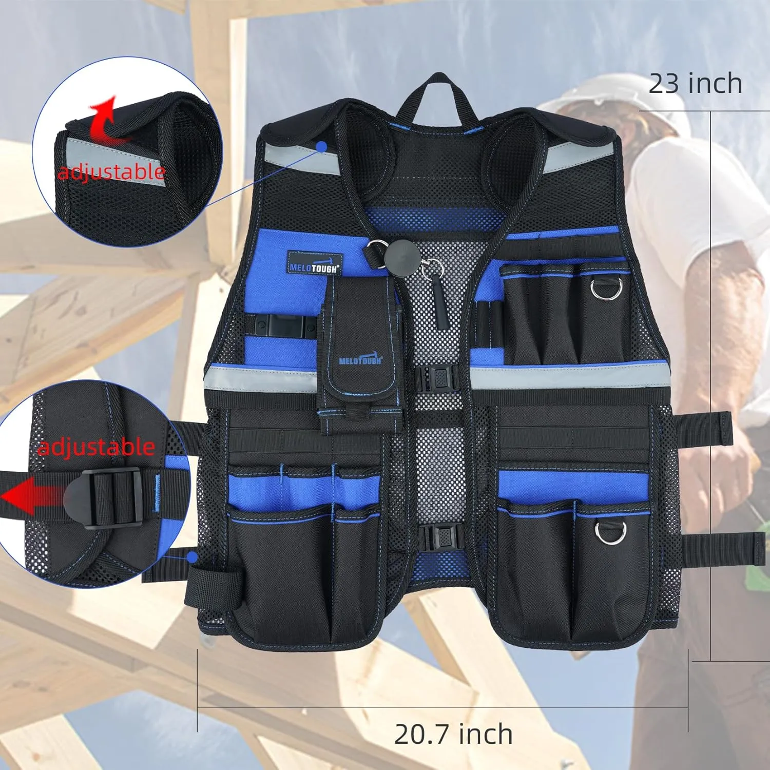 MELOTOUGH Tool Vest for Men Reflective Safety Tool Vest with Adjustable Straps, Removable Phone Holder for Electrical, Carpenters, Construction, Handyman (Blue)