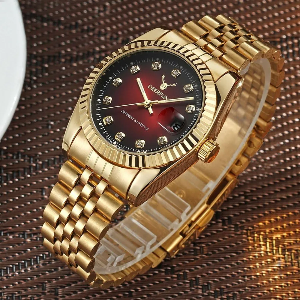 Mens Fashion Luxury Stainless Steel Calendar Rhinestone Waterproof Sports Women Unisex Quartz Watch