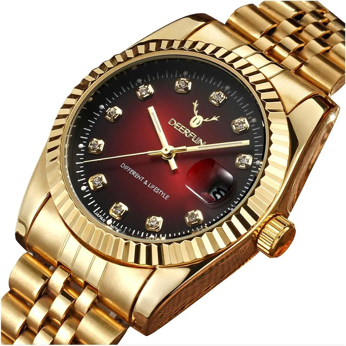 Mens Fashion Luxury Stainless Steel Calendar Rhinestone Waterproof Sports Women Unisex Quartz Watch