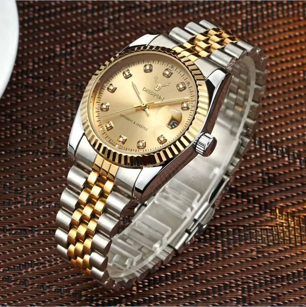 Mens Fashion Luxury Stainless Steel Calendar Rhinestone Waterproof Sports Women Unisex Quartz Watch