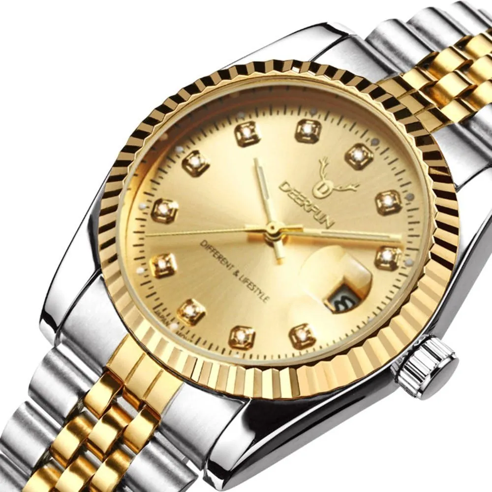Mens Fashion Luxury Stainless Steel Calendar Rhinestone Waterproof Sports Women Unisex Quartz Watch