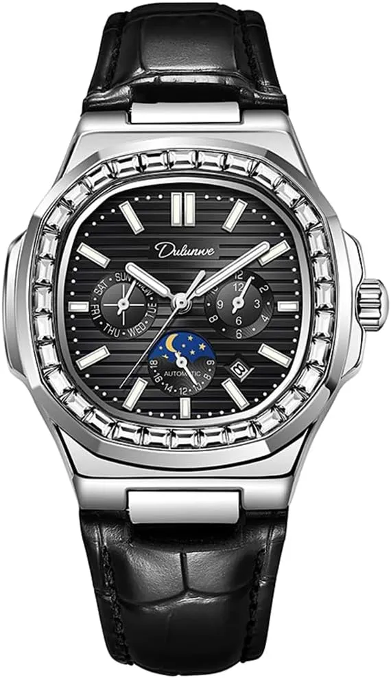 Men's Fully Automatic Mechanical Watch, Fashion Leather Watches Multifunction Date Chronograph Wristwatches, Diamond Moon Phase Waterproof Male Watch